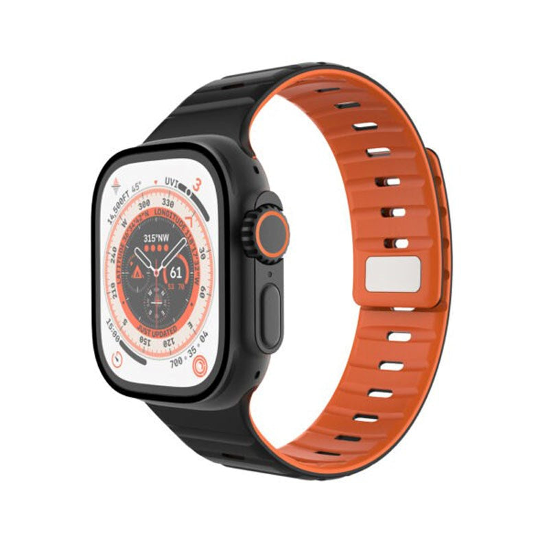 Apple Watch (42/44/SE/45/46/49mm) Fixed Magnetiskt Silikonarmband - Svart / Orange