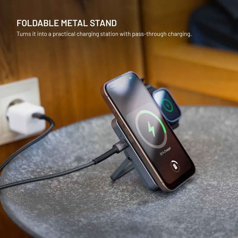 Fixed MagZen 5 20W Qi2 PowerBank m. Stativfunktion & Apple Watch Laddare - MagSafe Kompatibel - 5000 mAh - Grå