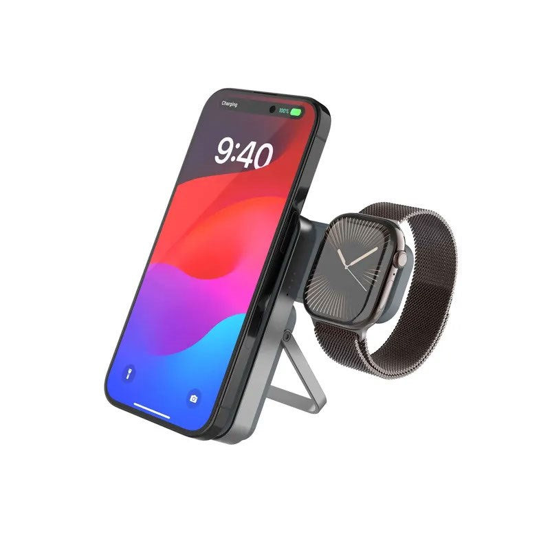 Fixed MagZen 5 20W Qi2 PowerBank m. Stativfunktion & Apple Watch Laddare - MagSafe Kompatibel - 5000 mAh - Grå