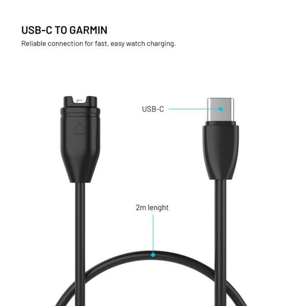 Fixed USB-C Laddningskabel för Garmin Smartwatch - 2m - Svart