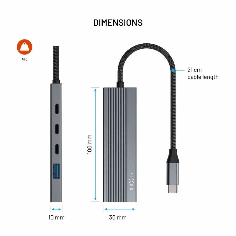 Fixed 5-i-1 USB-C Multiport med 3 x USB-C 1 x USB-A 1 x HDMI - Silver