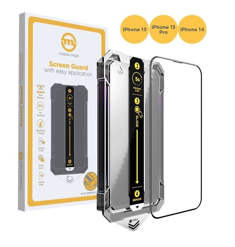 iPhone 16e / 14 / 13 / 13 Pro Mobile Origin Skärmskyddsglas m. Applikator - Genomskinlig / Svart Kant