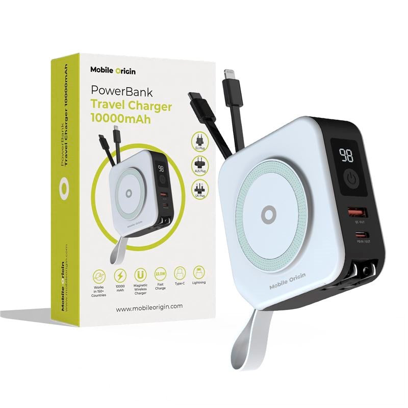 Mobile Origin Resa Laddare m. Powerbank 10.000 mAh - MagSafe Kompatibel - Vit