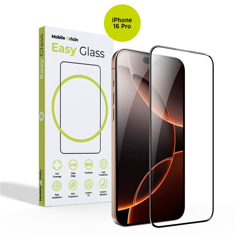 iPhone 16 Pro Mobile Origin EasyGlass Skärmskyddsglas - Genomskinlig / Svart Kant