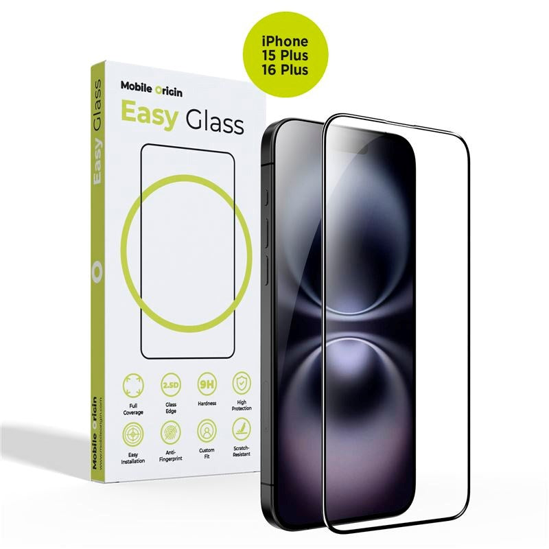 iPhone 15 Plus / 16 Plus Mobile Origin EasyGlass Skärmskydd - Genomskinlig / Svart Kant