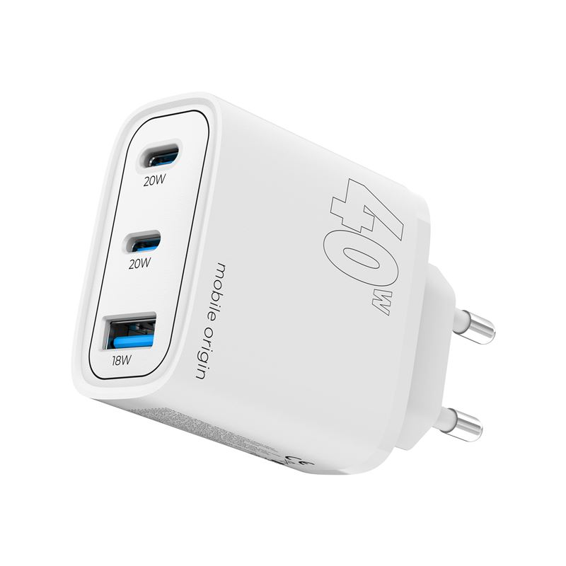 Mobile Origin GaN 40W Väggladdare med USB-A + 2 USB-C Portar - Hvid