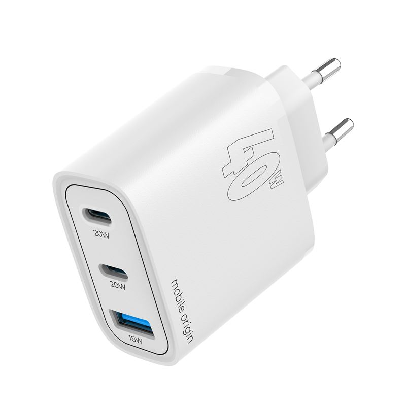 Mobile Origin GaN 40W Väggladdare med USB-A + 2 USB-C Portar - Hvid