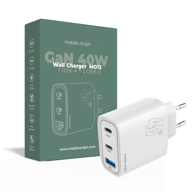 Mobile Origin GaN 40W Väggladdare med USB-A + 2 USB-C Portar - Hvid