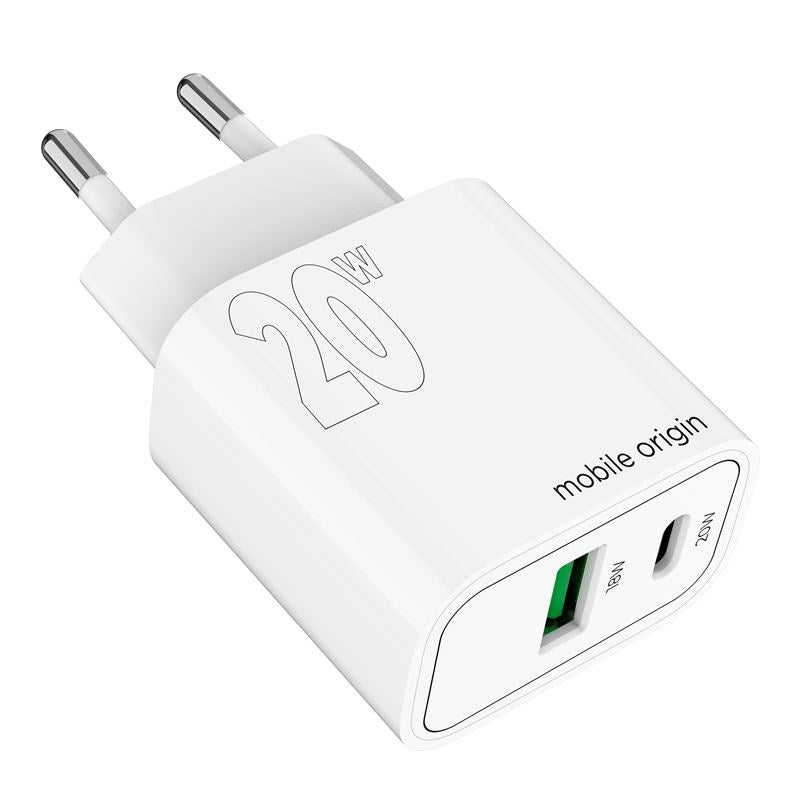 Mobile Origin MO12 20W Väggladdare m. 1x USB-A & 1x USB-C - Vit