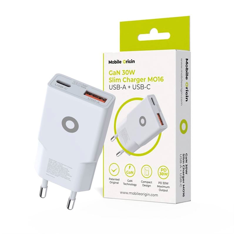 Mobile Origin MO16 30W Slim Väggladdare m. 1x USB-C & 1x USB-A - Vit