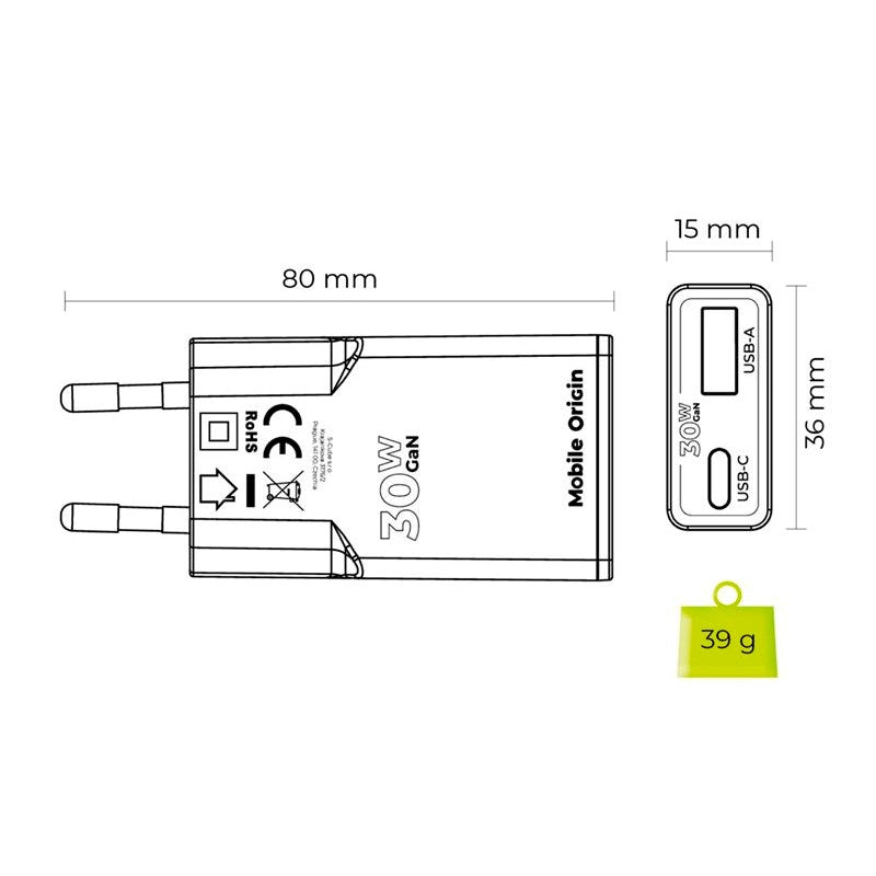 Mobile Origin MO16 30W Slim Väggladdare m. 1x USB-C & 1x USB-A - Vit