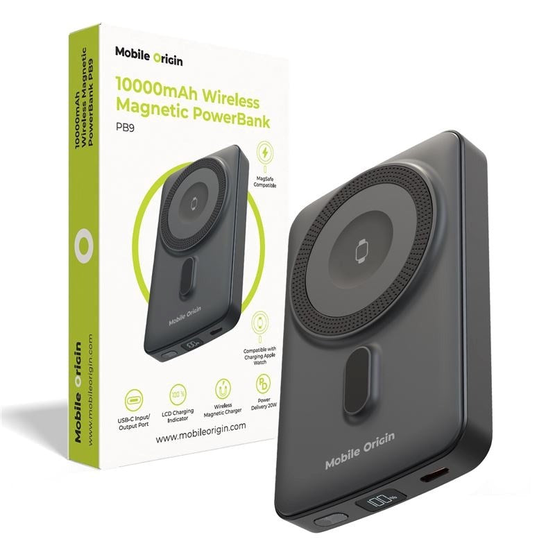 Mobile Origin 20W Powerbank för Smartphone & Apple Watch - 10 000 mAh med LCD-Skärm - USB-C-Kontakt - Grå