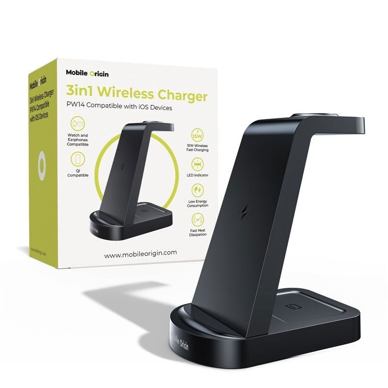 Mobile Origin 3-i-1 Trådlös Laddare - iPhone - Apple Watch - AirPods - MagSafe / Qi Kompatibel - Svart