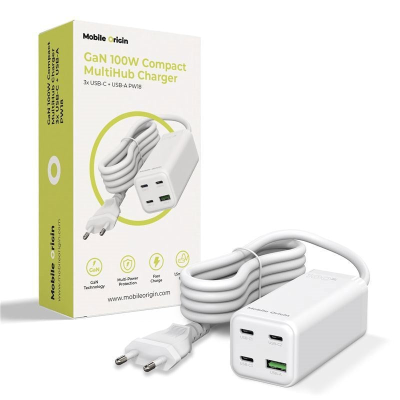 Mobile Origin 100W USB-C-Hubb med USB-A & Schuko-Kontakt - Vit