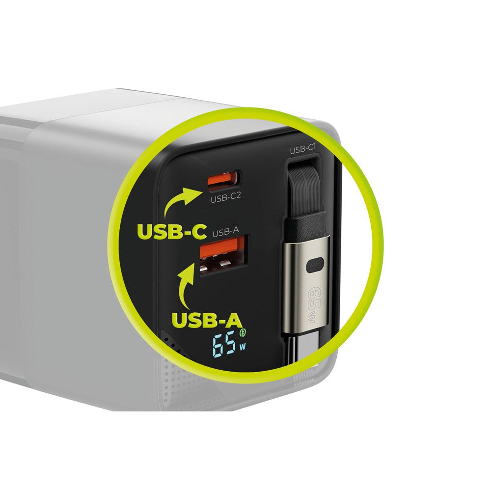 Mobile Origin Display Väggladdare m. 1 x USB-A / 1 x USB-C / 1 x Uttagbart USB-C Kabel - 65W - Svart