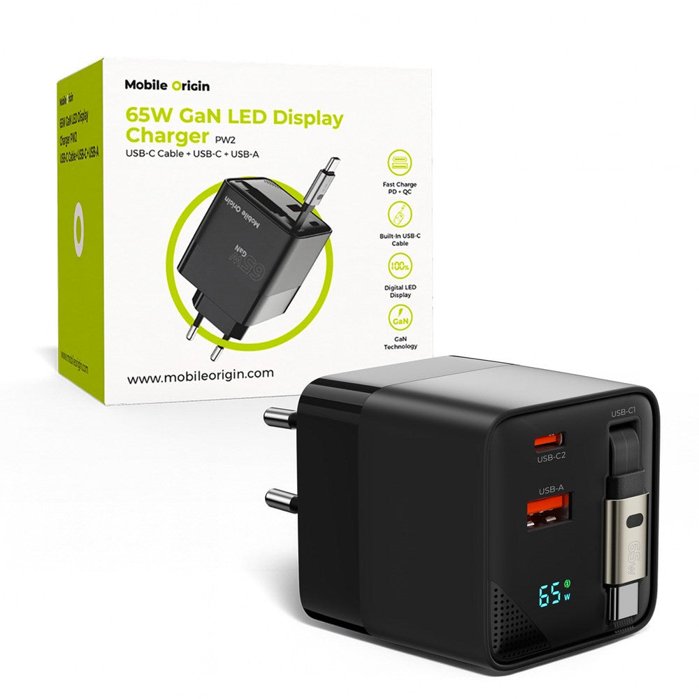 Mobile Origin Display Väggladdare m. 1 x USB-A / 1 x USB-C / 1 x Uttagbart USB-C Kabel - 65W - Svart