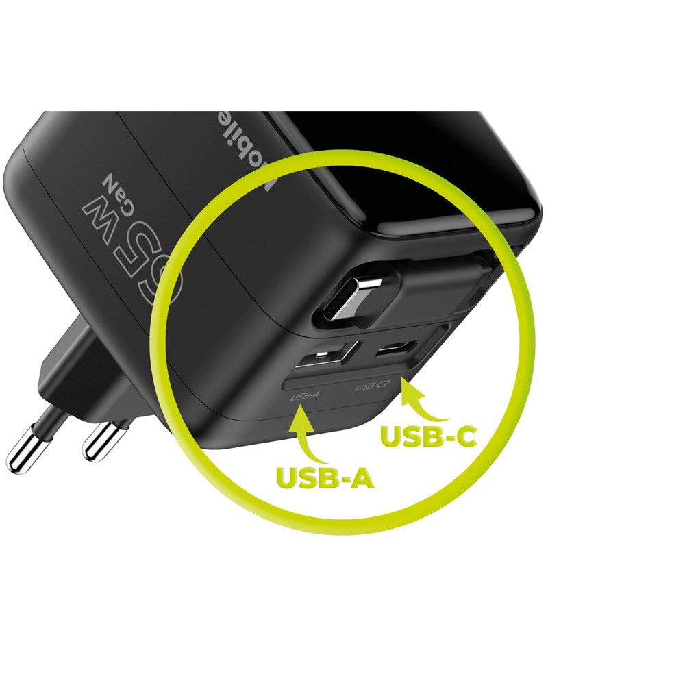 Mobile Origin GaN 65W Display Väggladdare m. 1 x USB-A / 1 x USB-C / 1 x Uttagbart USB-C Kabel - Svart