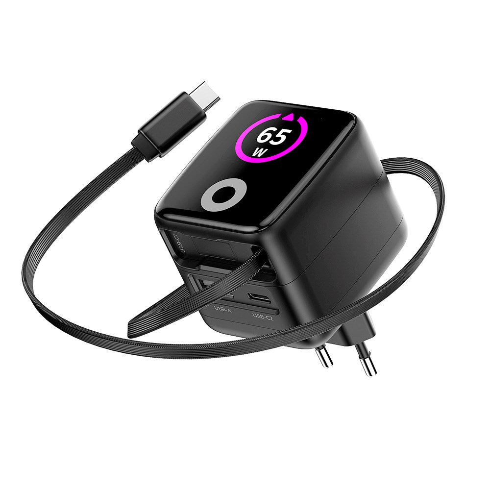 Mobile Origin GaN 65W Display Väggladdare m. 1 x USB-A / 1 x USB-C / 1 x Uttagbart USB-C Kabel - Svart