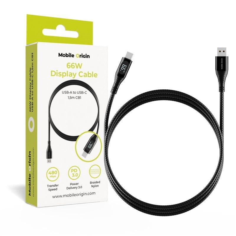Mobile Origin 66W USB-A till USB-C Kabel med Skärm - 1,5 m - Svart