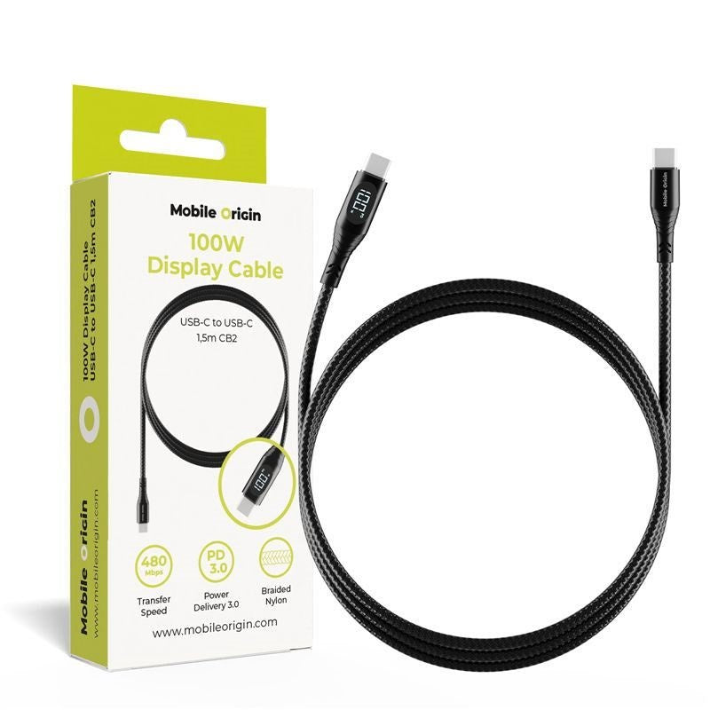 Mobile Origin 100W USB-C till USB-C Kabel med Skärm - 1,5 m - Svart