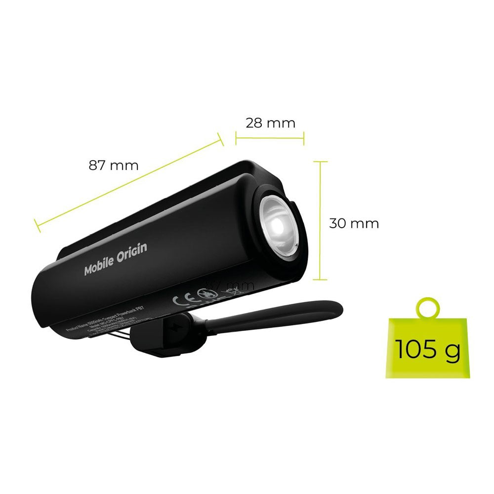 Mobile Origin 5000 mAh PowerBank m. Ficklampa & USB-C Kabel - Svart