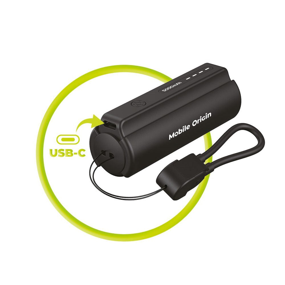 Mobile Origin 5000 mAh PowerBank m. Ficklampa & USB-C Kabel - Svart