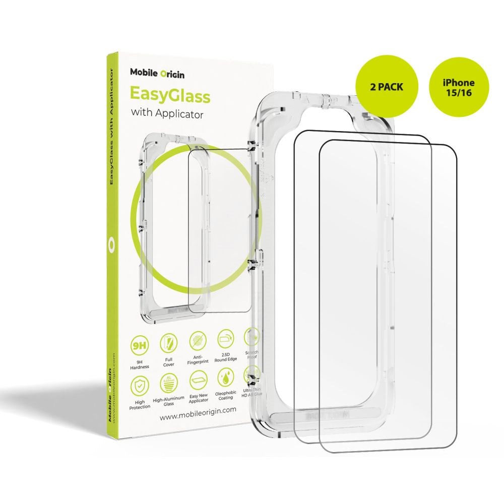 iPhone 16 / 15 Mobile Origin EasyGlass Skärmskyddsglas - 2 st. - Genomskinlig
