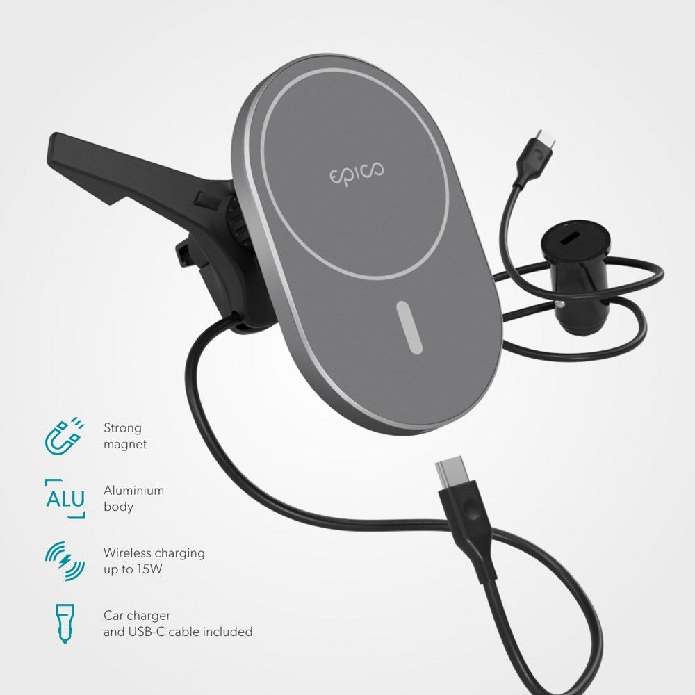 Epico Magnetisk Mobiltelefonhållare för Bil med 15W Trådlös Laddning & 18W Billaddare - MagSafe-Kompatibel - Space Grey