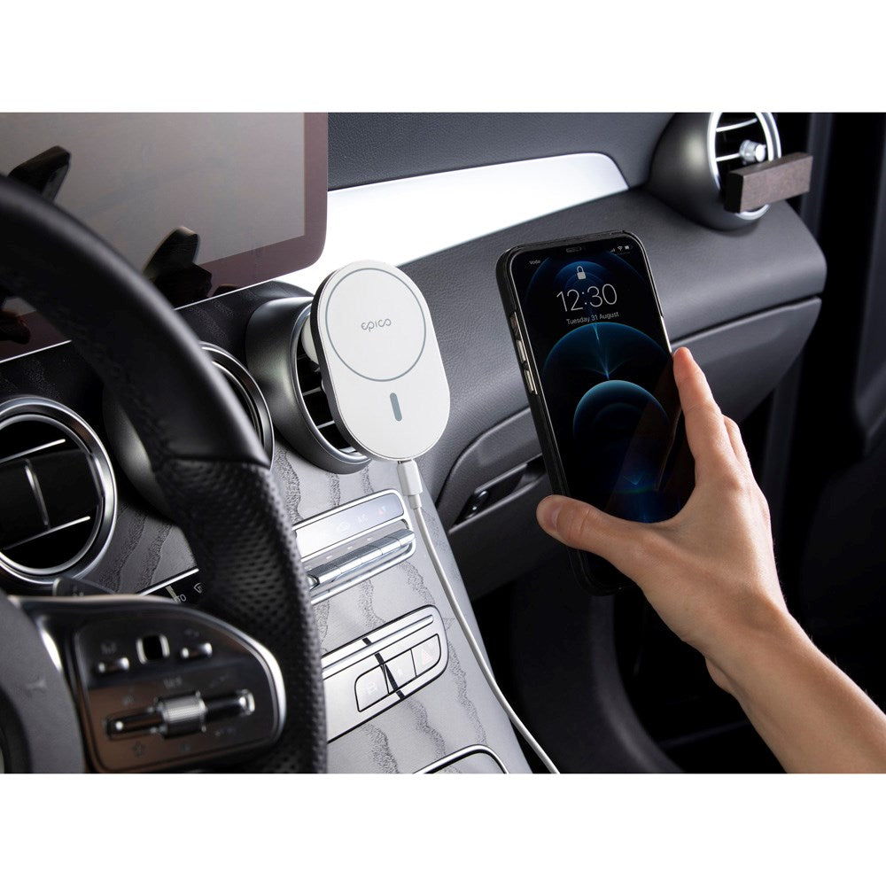 Epico Magnetisk Mobiltelefonhållare för Bil med 15W Trådlös Laddning & 18W Billaddare - MagSafe-Kompatibel - Vit
