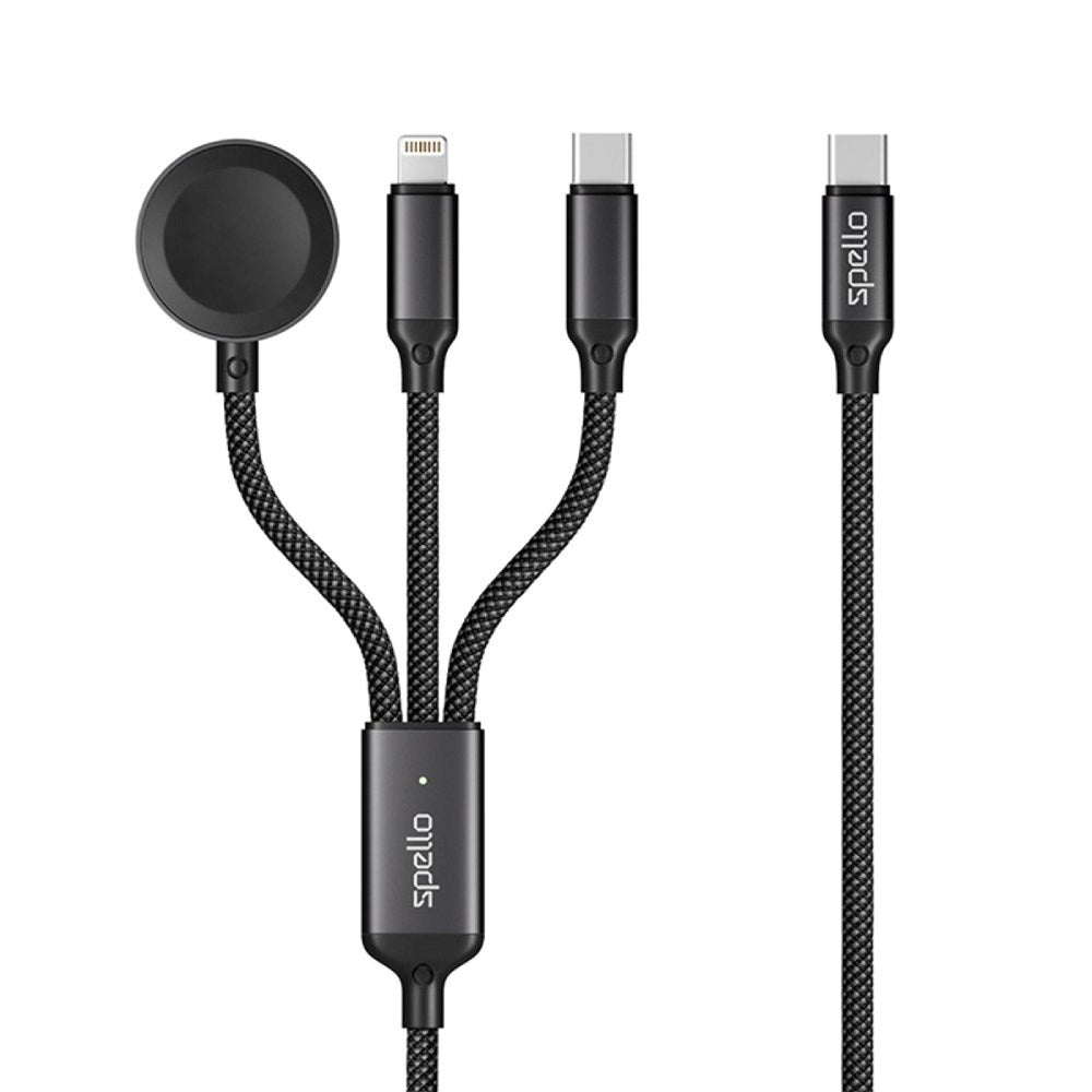 Spello 3-i-1 Multifunktionell 100W USB-C-Kabel med USB-C - Lightning - Apple Watch-Laddare - Svart