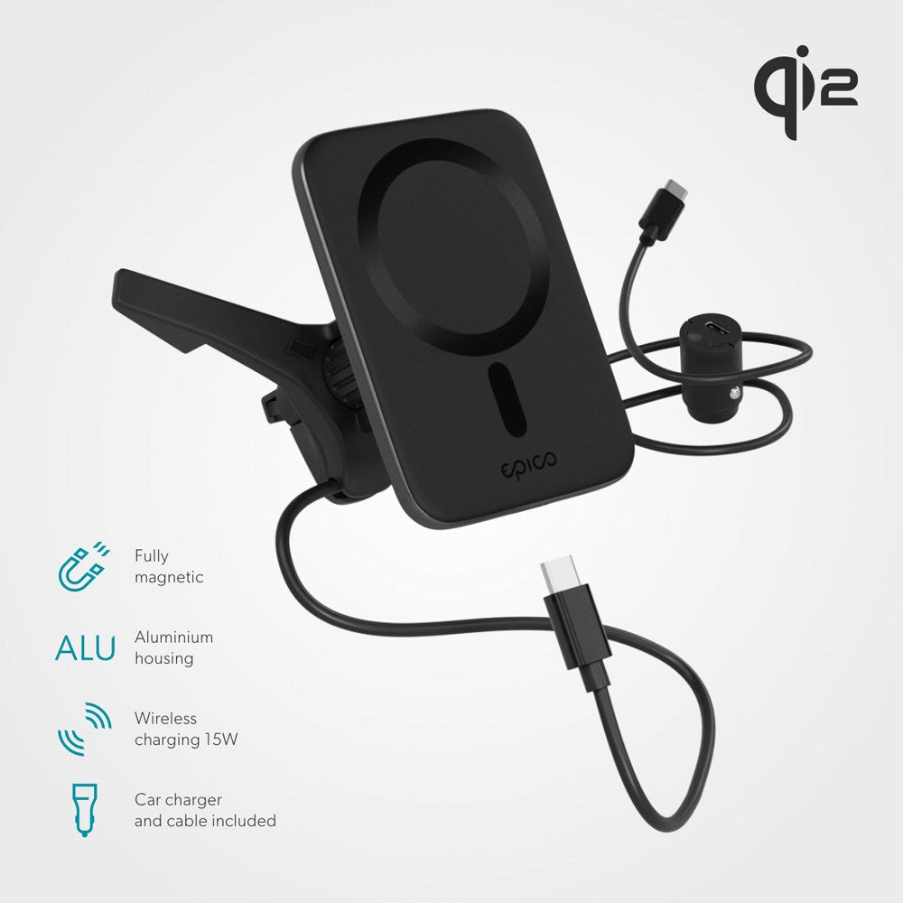 Epico Qi2 Mag+ Mobil Laddare för Bil - 15W Trådlös Laddning - MagSafe Kompatibel - Svart