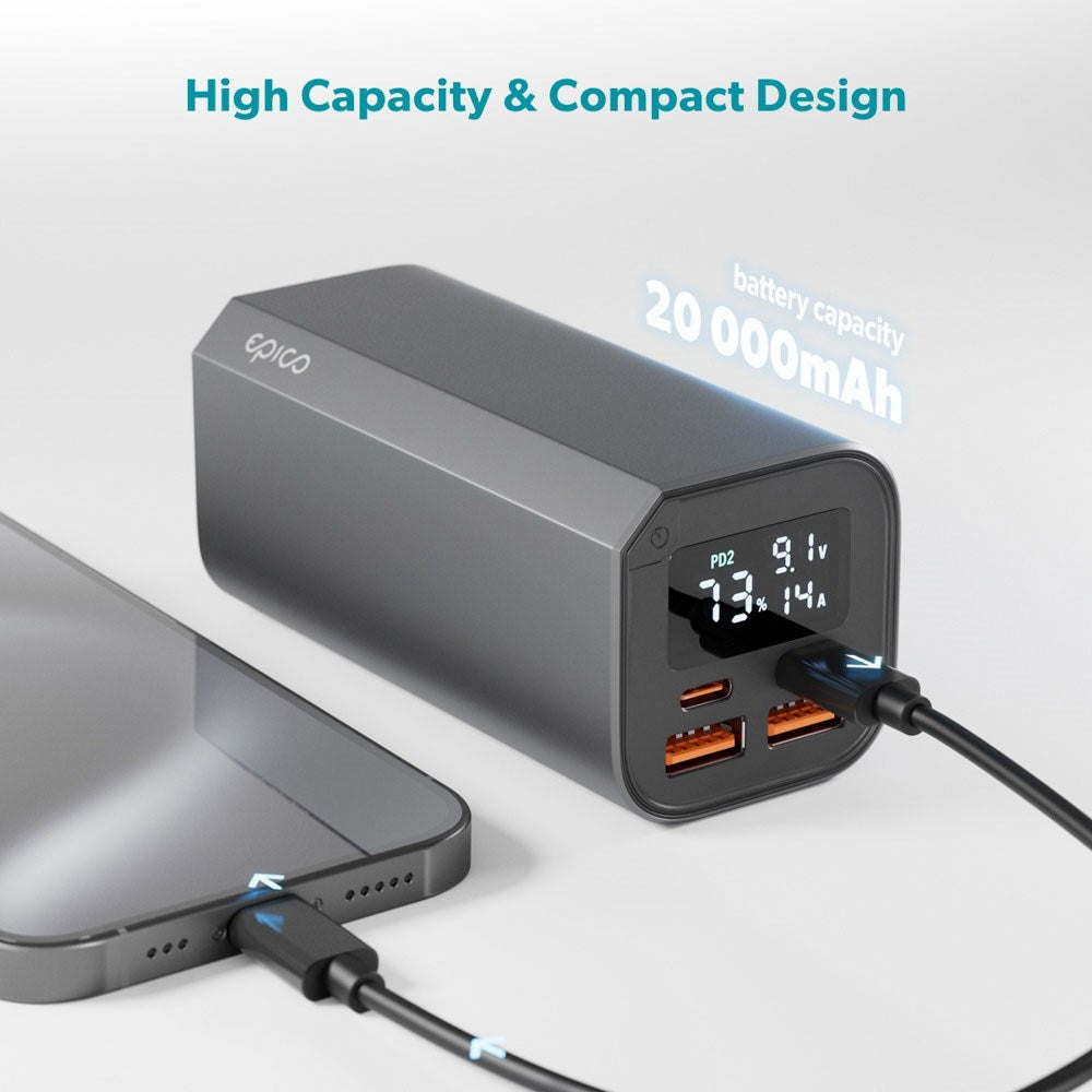 Epico 100W Aluminium Powerbank 20.000 mAh med 2 x USB-A & 2 x USB-C - Grå