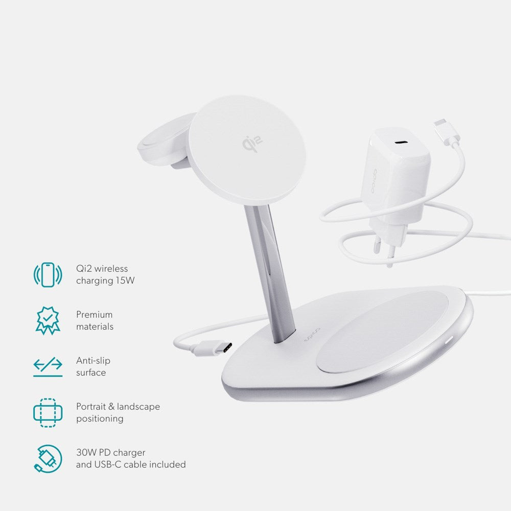 Epico UltraBase EX60 Qi2 3-i-1 Mag+ Trådlös Laddare - MagSafe Kompatibel - Vit