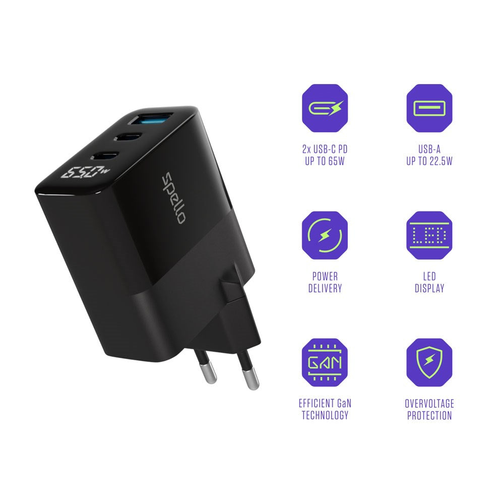 Spello 65W PD (Power Delivery) Vegglader med 2 x USB-C 1 x USB-A - Svart