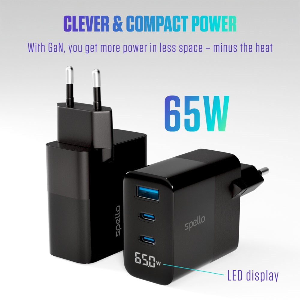 Spello 65W PD (Power Delivery) Vegglader med 2 x USB-C 1 x USB-A - Svart