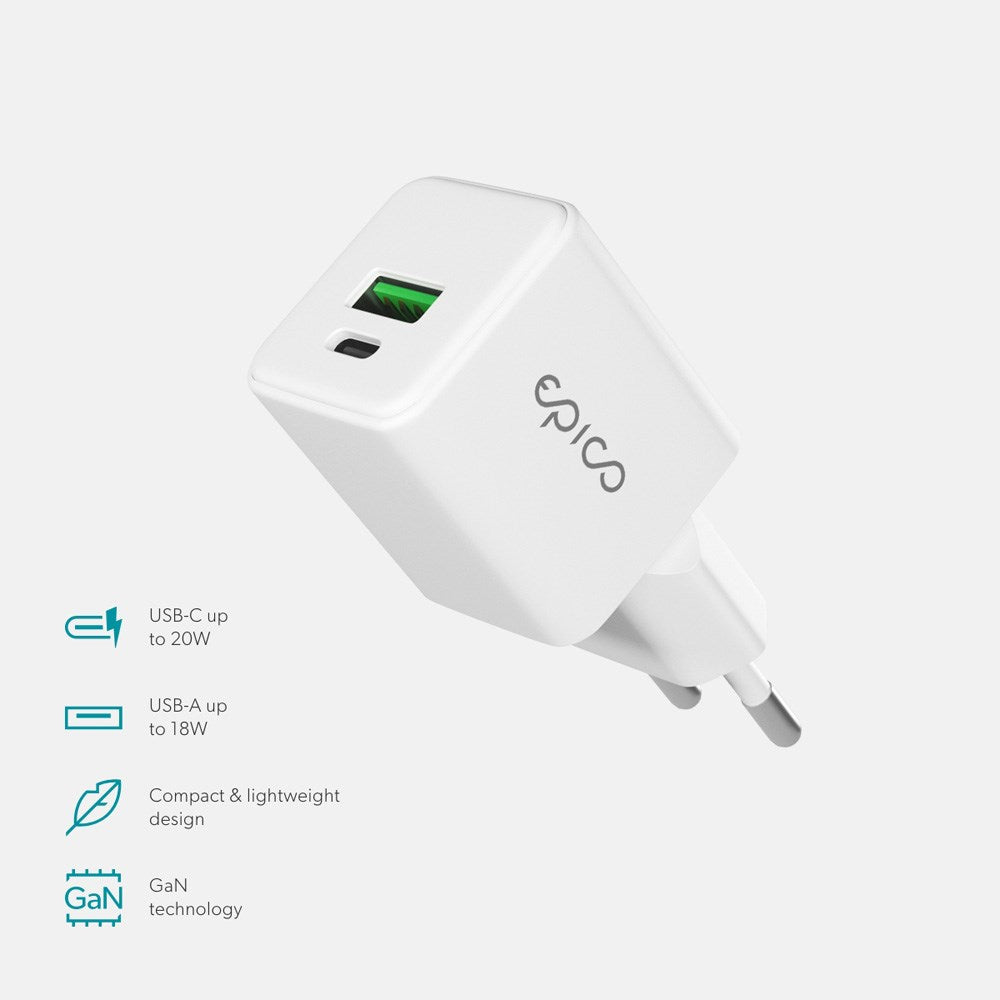 Epico UltraBoost GaN 20W Väggladdare - 1x USB-C / 1x USB-A - Vit