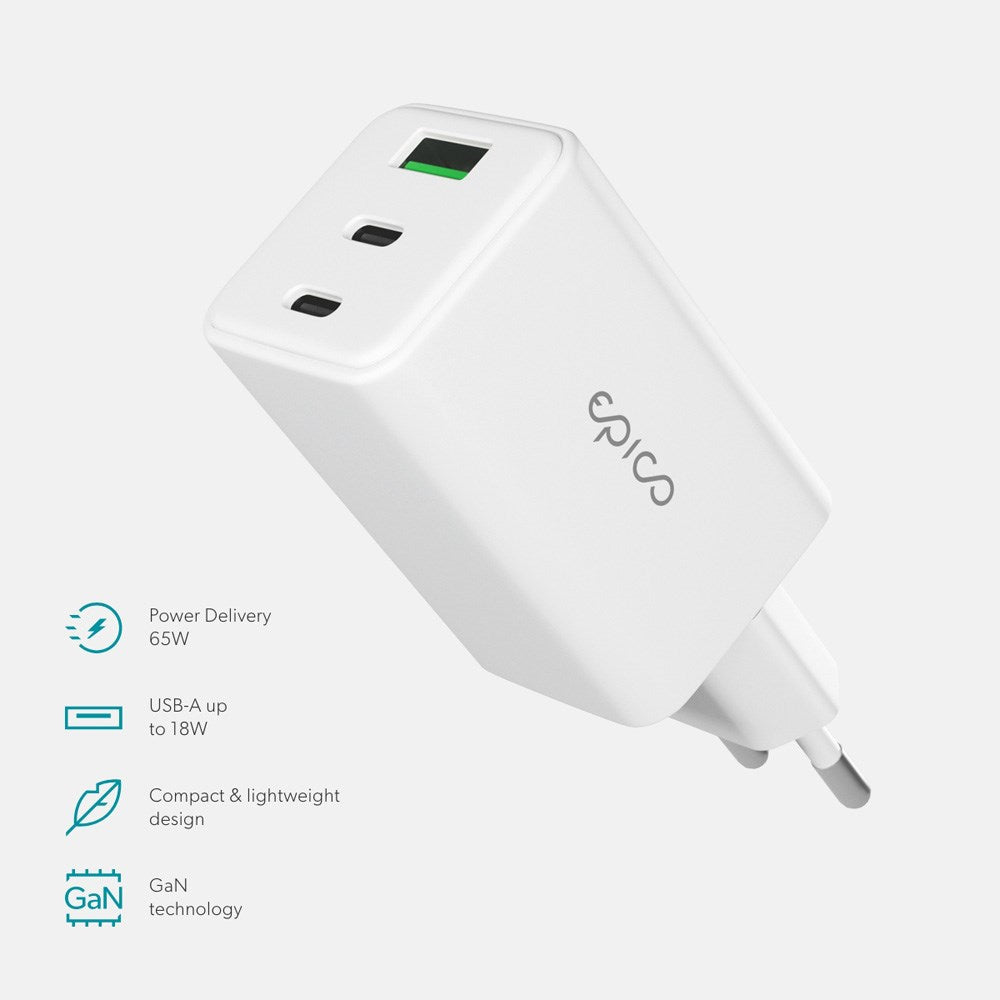 Epico UltraBoost GaN 65W Väggladdare - 2x USB-C / 1x USB-A - Vit