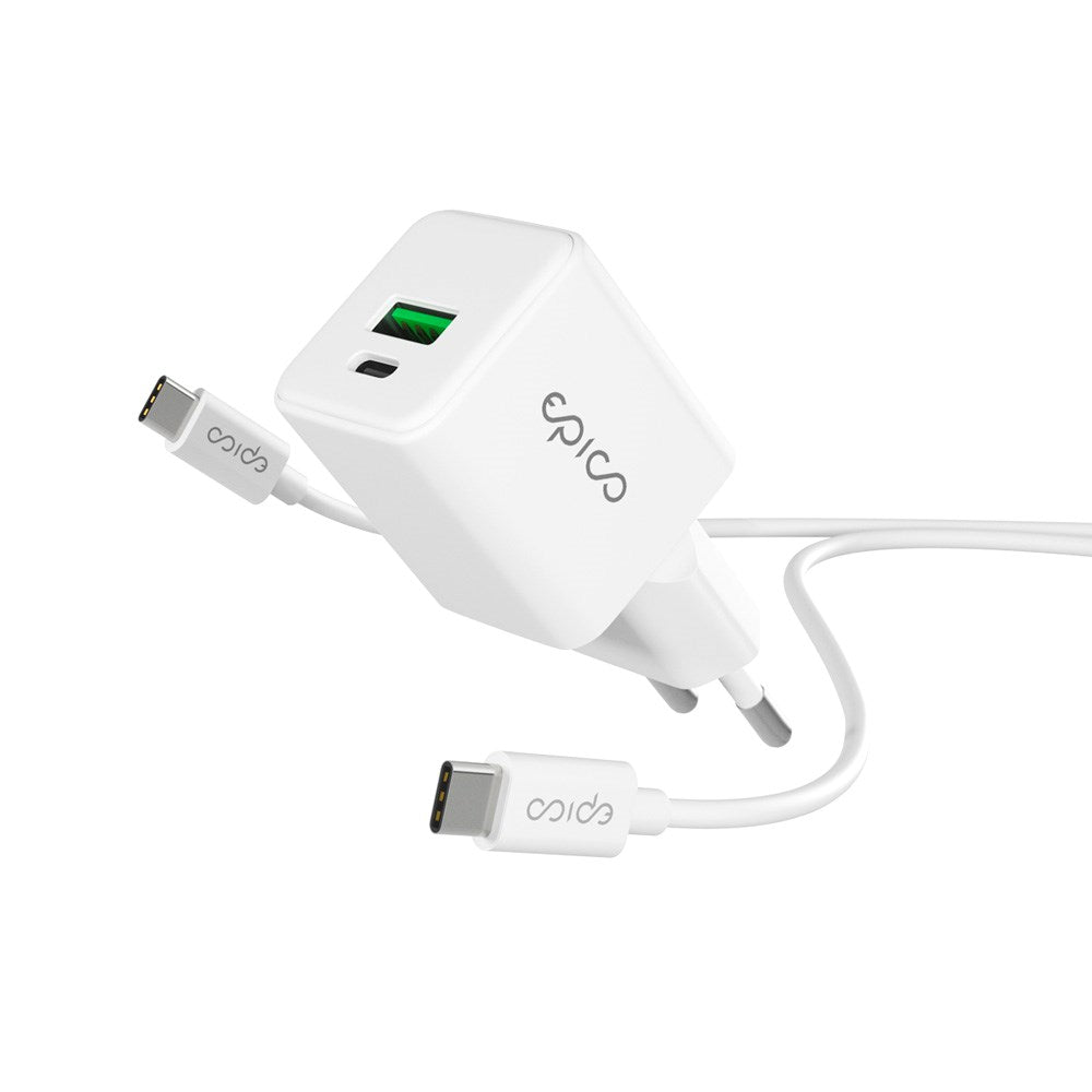 Epico UltraBoost GaN 20W Väggladdare m. 1.2m USB-C till USB-C Kabel - 1x USB-C / 1x USB-A - Vit