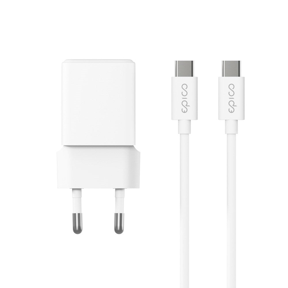 Epico UltraBoost GaN 20W Väggladdare m. 1.2m USB-C till USB-C Kabel - 1x USB-C / 1x USB-A - Vit