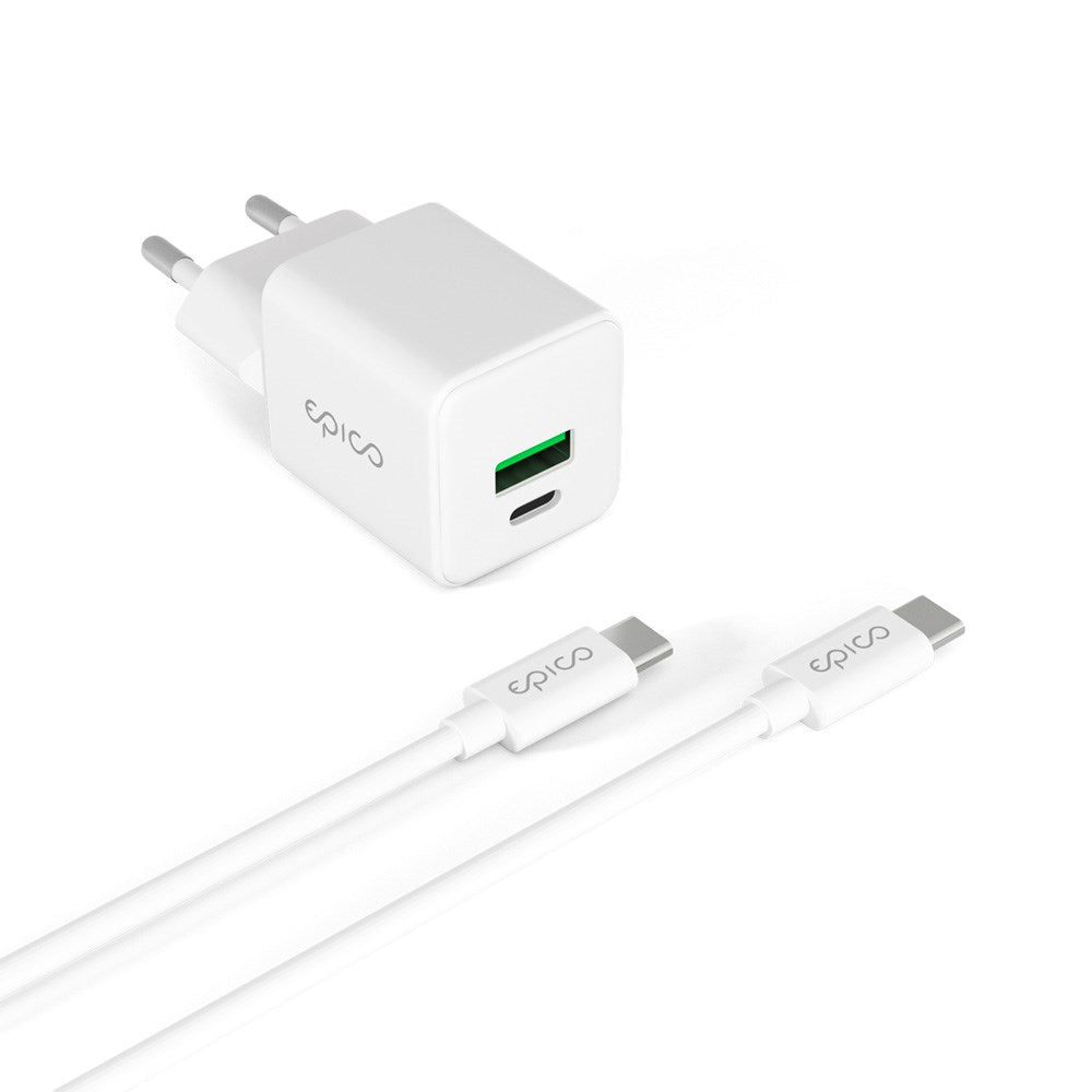 Epico UltraBoost GaN 20W Väggladdare m. 1.2m USB-C till USB-C Kabel - 1x USB-C / 1x USB-A - Vit