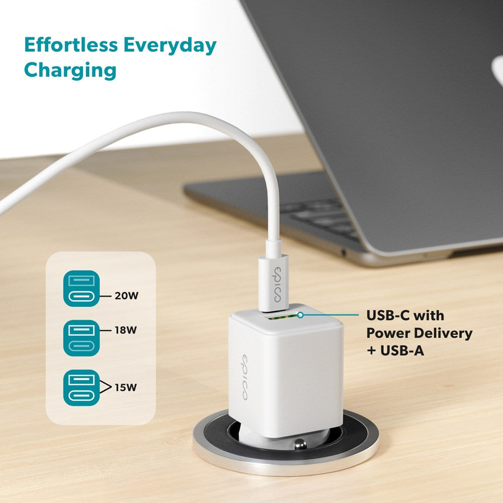Epico UltraBoost GaN 20W Väggladdare m. 1.2m USB-C till USB-C Kabel - 1x USB-C / 1x USB-A - Vit