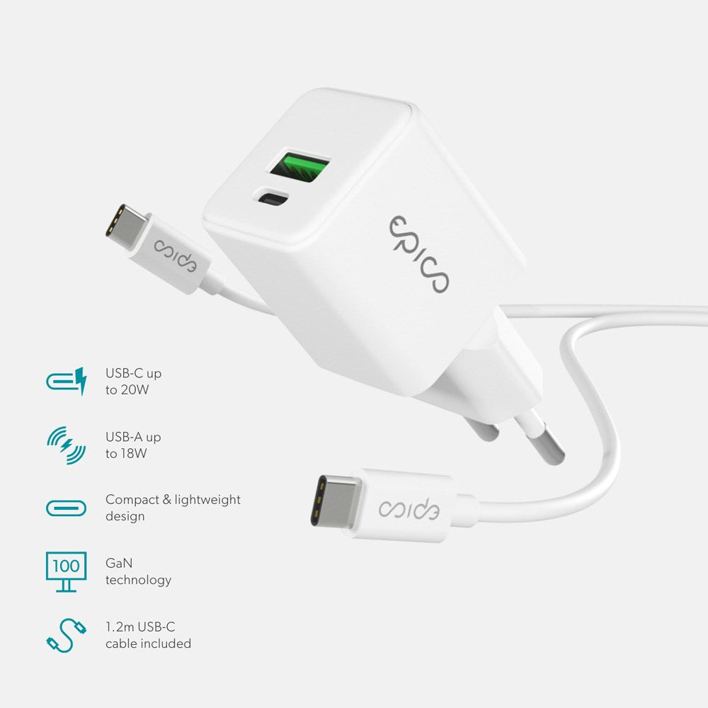 Epico UltraBoost GaN 20W Väggladdare m. 1.2m USB-C till USB-C Kabel - 1x USB-C / 1x USB-A - Vit