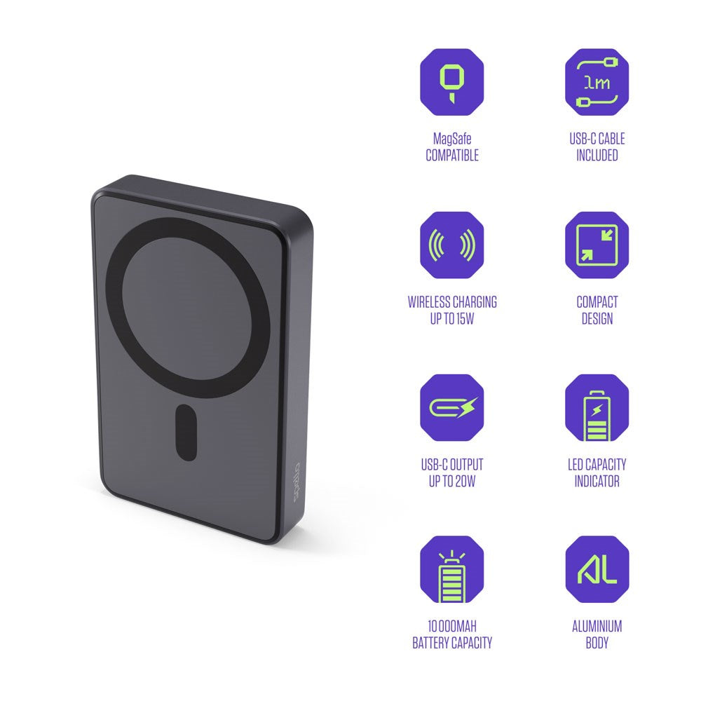 Spello ForcePack 10 000mAh Magnetisk Power Bank 15W - MagSafe Kompatibel - Mörkgrå