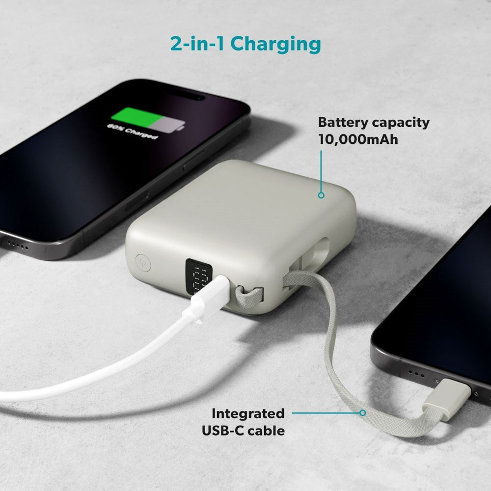 Epico Power Bank 35W 10000 mAh med USB-C-Port och Utdragbar USB-C-Kabel - Grå