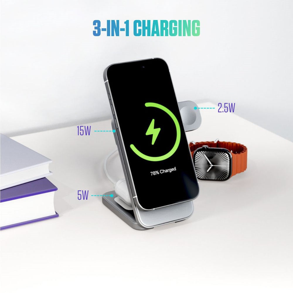 Spello ForceBase Hopfällbar 3-i-1 Trådlös Qi2 Laddare 15W - MagSafe Kompatibel - Silver