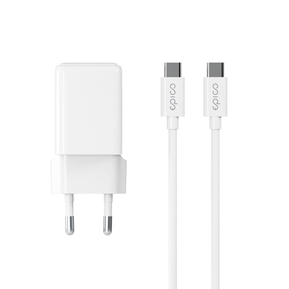 Epico UltraBoost GaN 35W Väggladdare m. 1.2m USB-C till USB-C Kabel - 2x USB-C - Vit