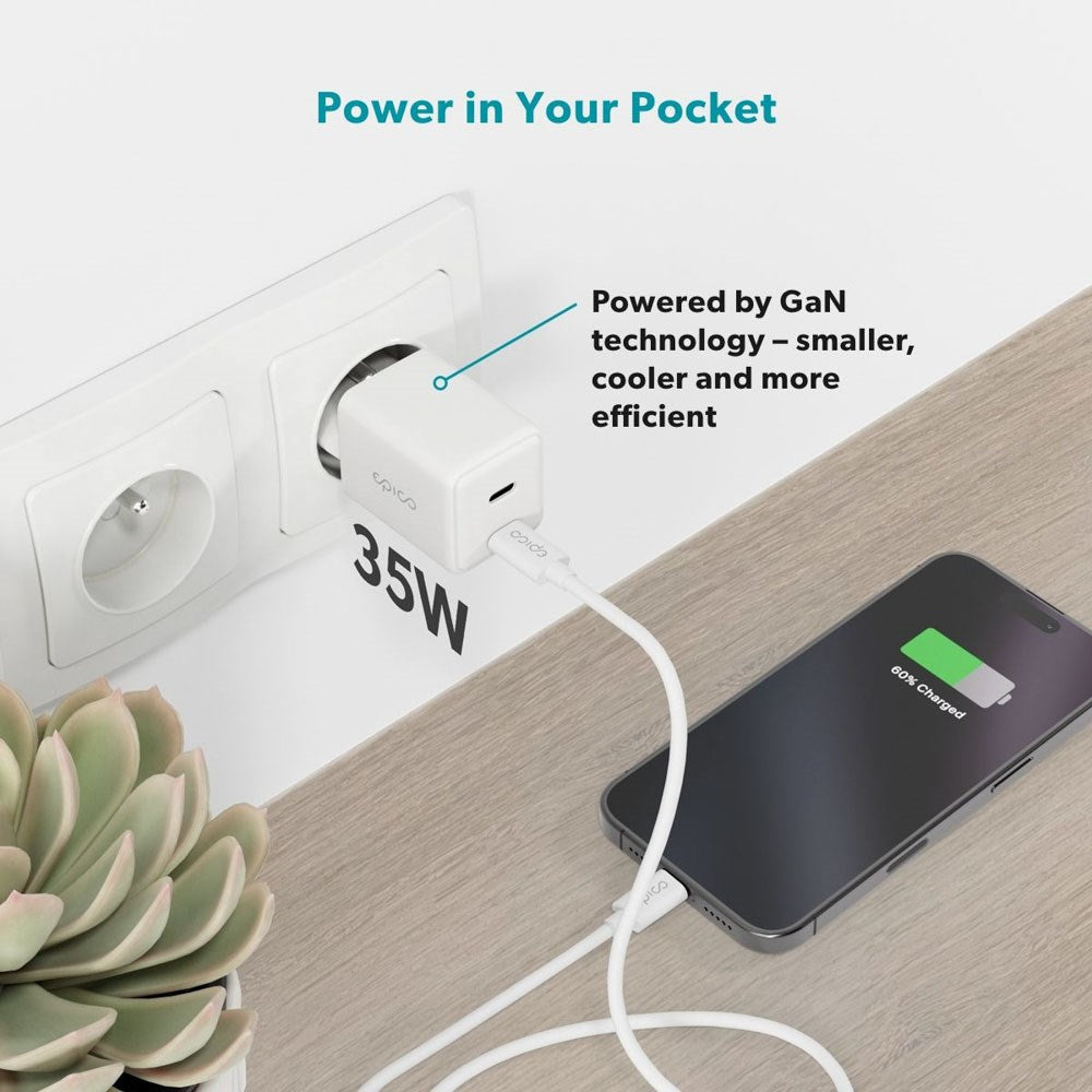 Epico UltraBoost GaN 35W Väggladdare m. 1.2m USB-C till USB-C Kabel - 2x USB-C - Vit