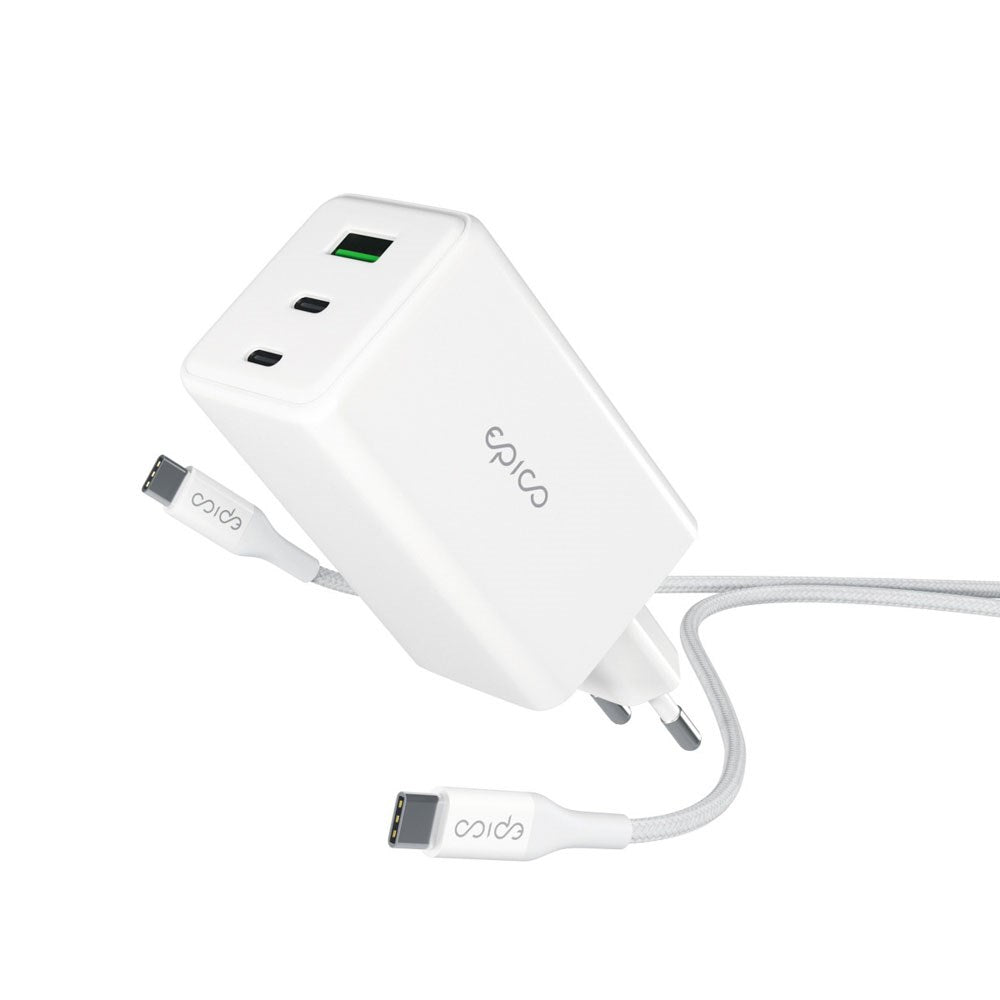 Epico UltraBoost GaN 100W Väggladdare m. 1.2m USB-C till USB-C Kabel - 2x USB-C / 1x USB-A - Vit
