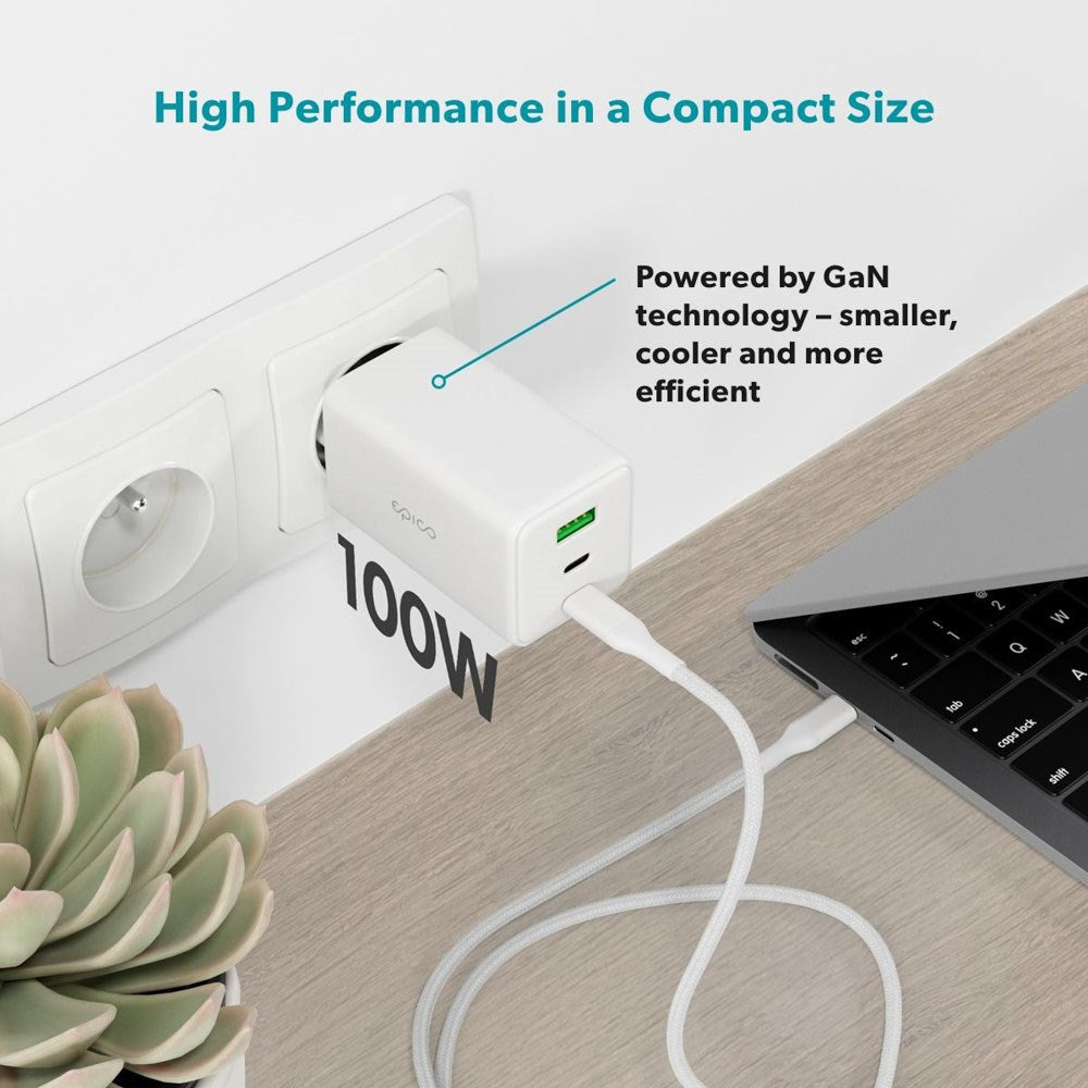 Epico UltraBoost GaN 100W Väggladdare m. 1.2m USB-C till USB-C Kabel - 2x USB-C / 1x USB-A - Vit