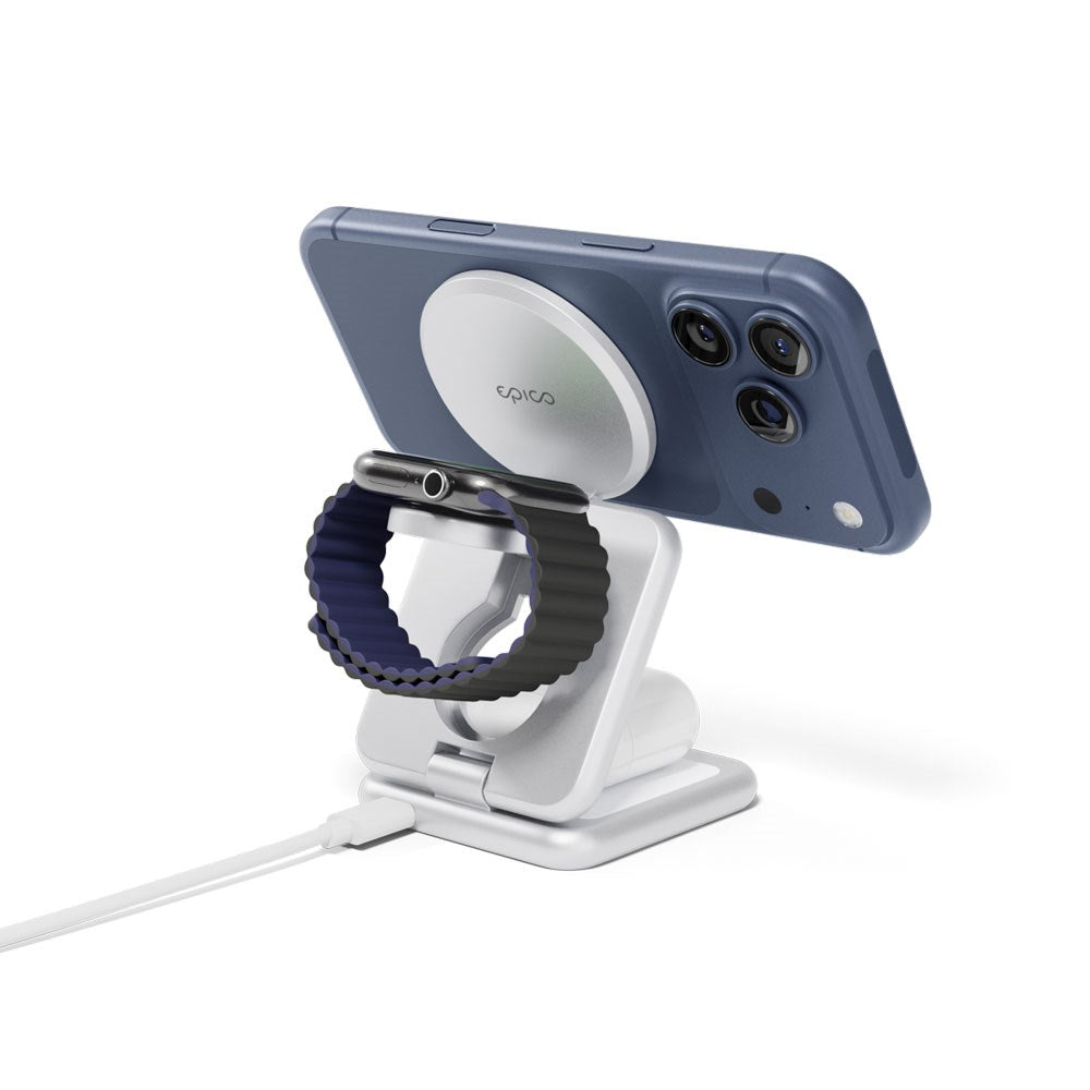Epico UltraBase EF60 3-i-1 Fold Metal Mag+ Trådlös Laddare - 25W - Qi2 / MagSafe Kompatibel - Silver